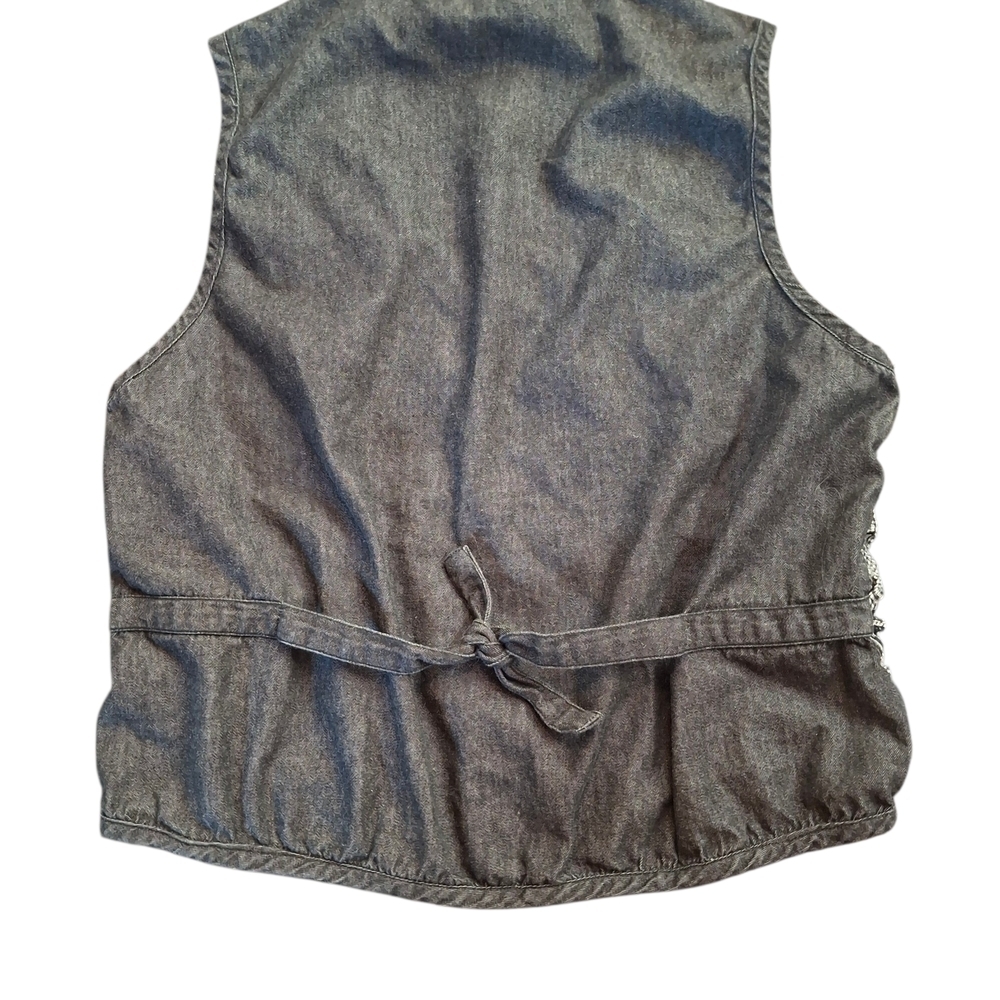 Vintage Distressed Denim Grey and White Embroidered Vest Size L - Picture 3 of 6